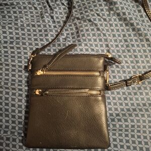 Black Crossbody Pleather Bag with Gold Hardware